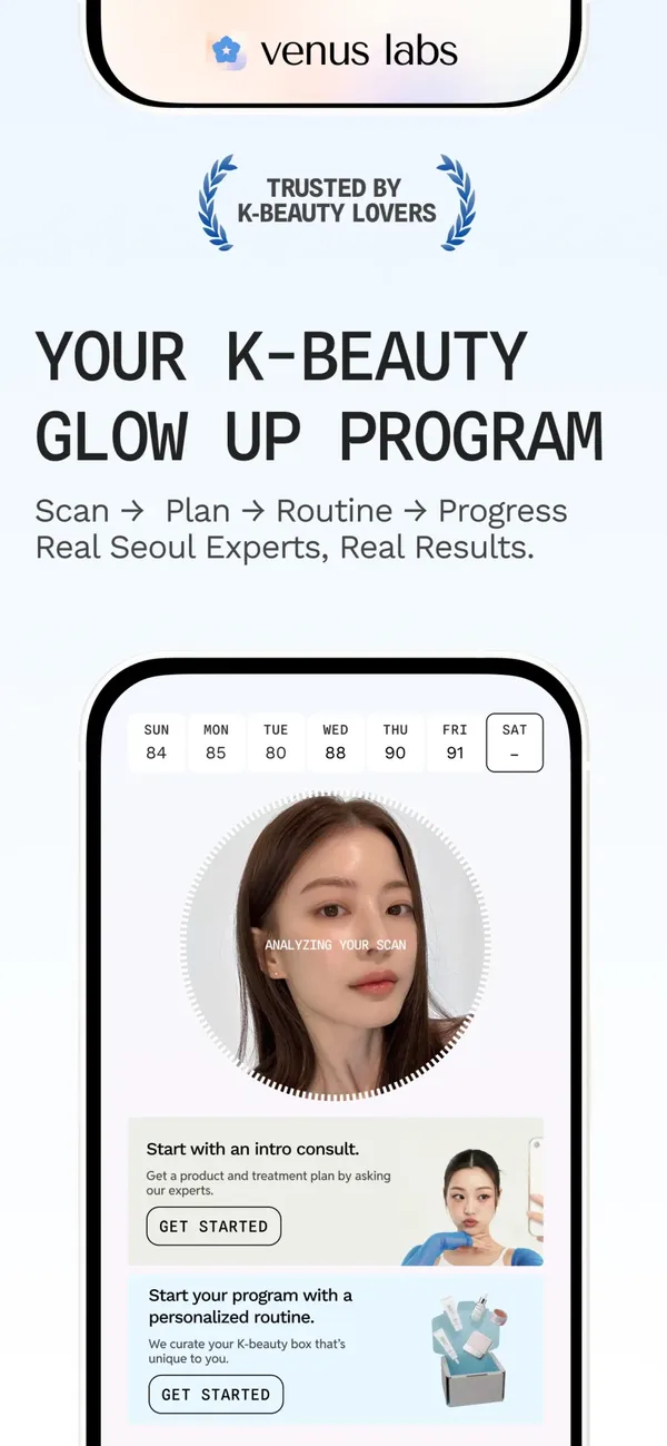 Venus App Store screen: your K-beauty glow up program — scan, plan, routine, progress