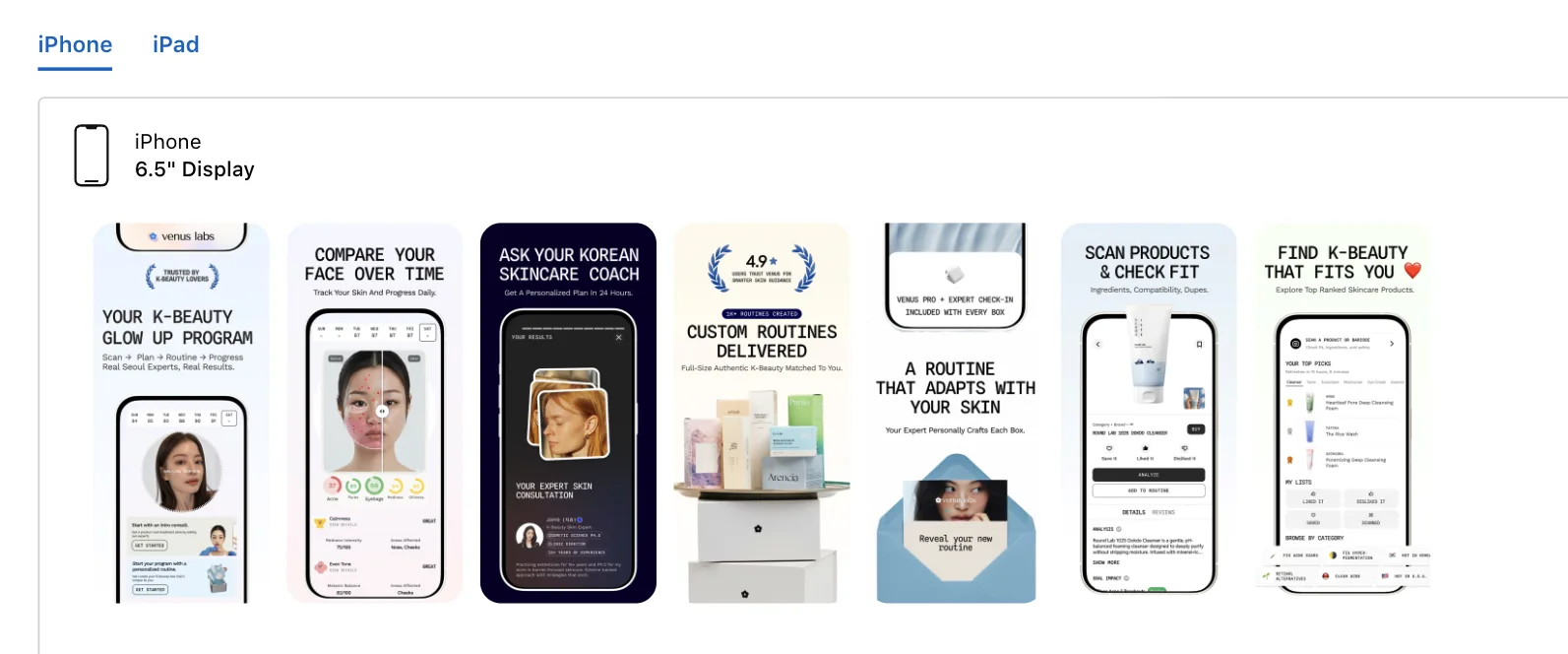 The Venus App Store listing with its full set of iPhone screenshots